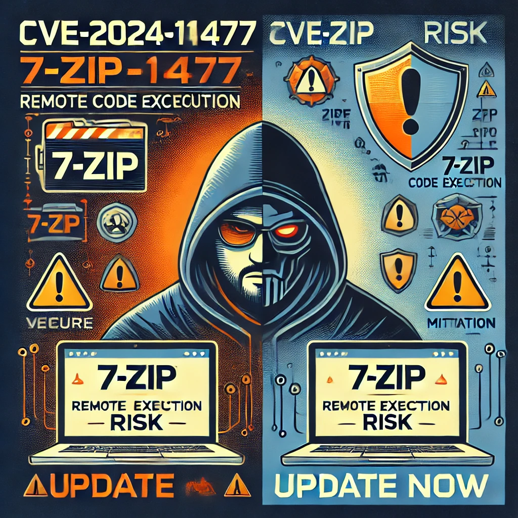 dall·e 2024 12 23 08.00.07 an illustration representing cve 2024 11477, highlighting the risks of the 7 zip remote code execution (rce) vulnerability. the image features a split